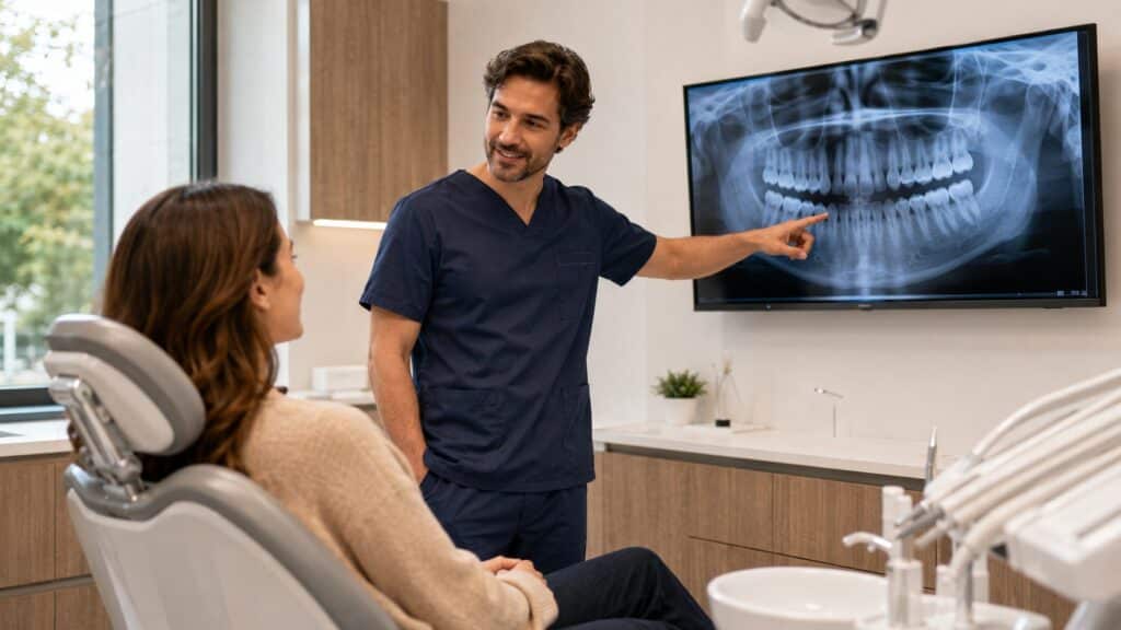Cât costă un implant dentar — medic stomatolog explică o radiografie panoramică unui pacient într-o clinică modernă din Turcia