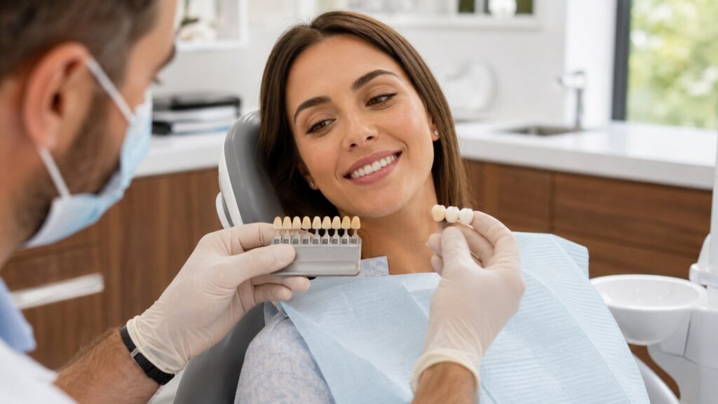 Coroana dentară — medic stomatolog compară nuanțe și materiale de coroană dentară (zirconiu) cu pacienta