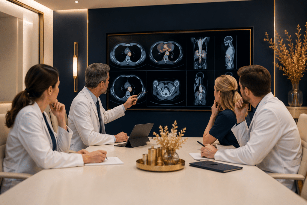 Comisie multidisciplinară de medici analizând investigațiile imagistice ale unui pacient oncologic